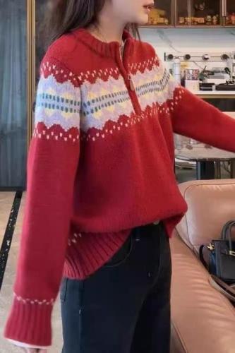 Fair Isle Retro Jacquard Half-Zip Red Sweater Women's Winter Atmosphere Christmas Casual Soft Waxy Sweater Trendy