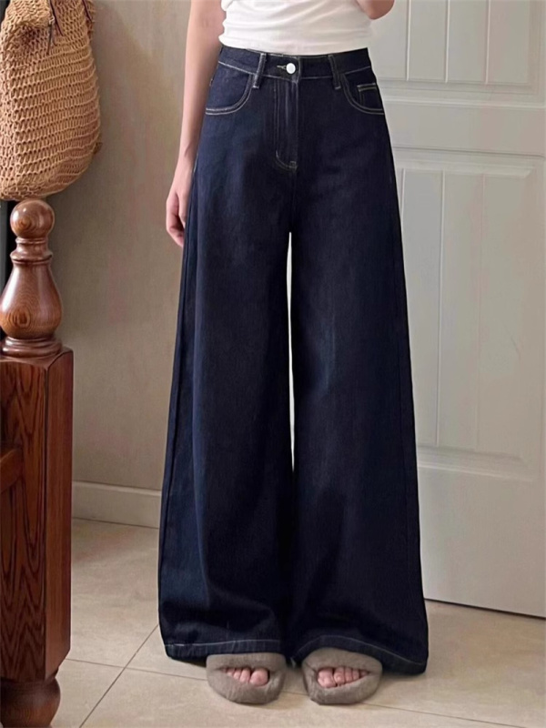 Pear-shaped figure dark blue retro straight jeans for women plus size fat mm high waist covering crotch loose wide leg floor mopping pants