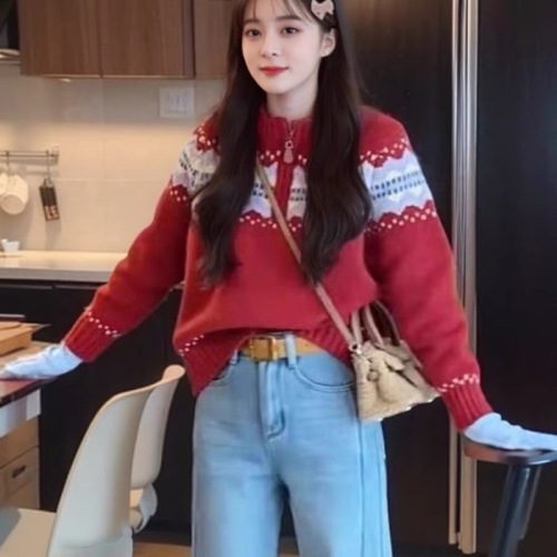 Fair Isle Retro Jacquard Half-Zip Red Sweater Women's Winter Atmosphere Christmas Casual Soft Waxy Sweater Trendy