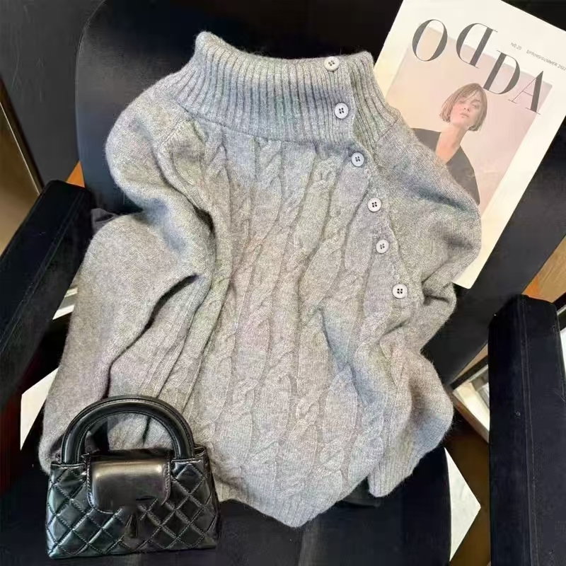 Irregular design diagonal button turtleneck sweater jacket for women in autumn and winter thickened high-end inner base knitted top