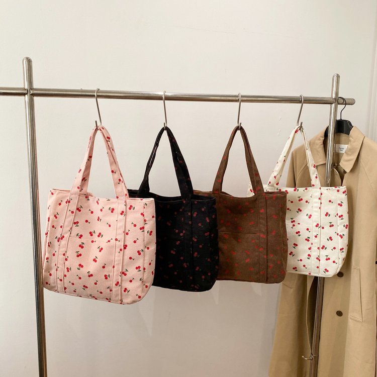 Versatile corduroy printed tote bag 2024 new storage bag large capacity single shoulder strawberry canvas bag bag
