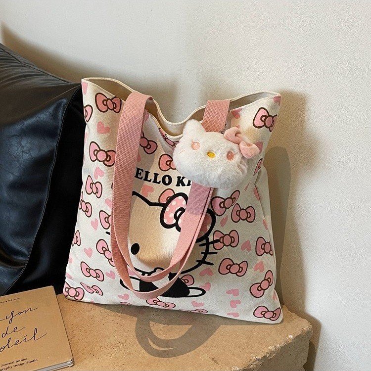 New Kitty Cat Canvas Bag ins Hello Kitty Shoulder Bag Large Capacity Student Class Packing Book Commuting Bag