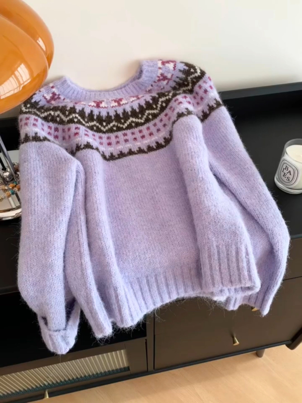Fair Isle lazy style high-end purple round neck sweater sweet loose slimming top in autumn and winter