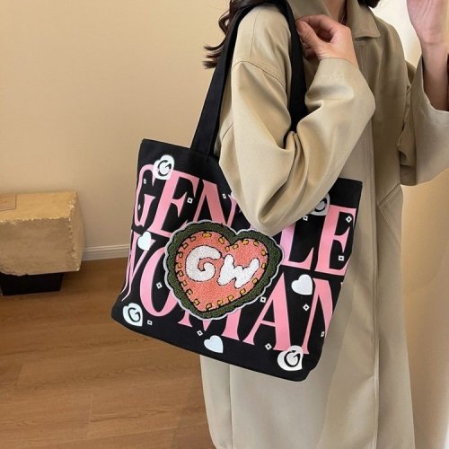 GentleWoman Plush Love Painted Letters Canvas Bag 2024 New Printed Casual Shoulder Bag