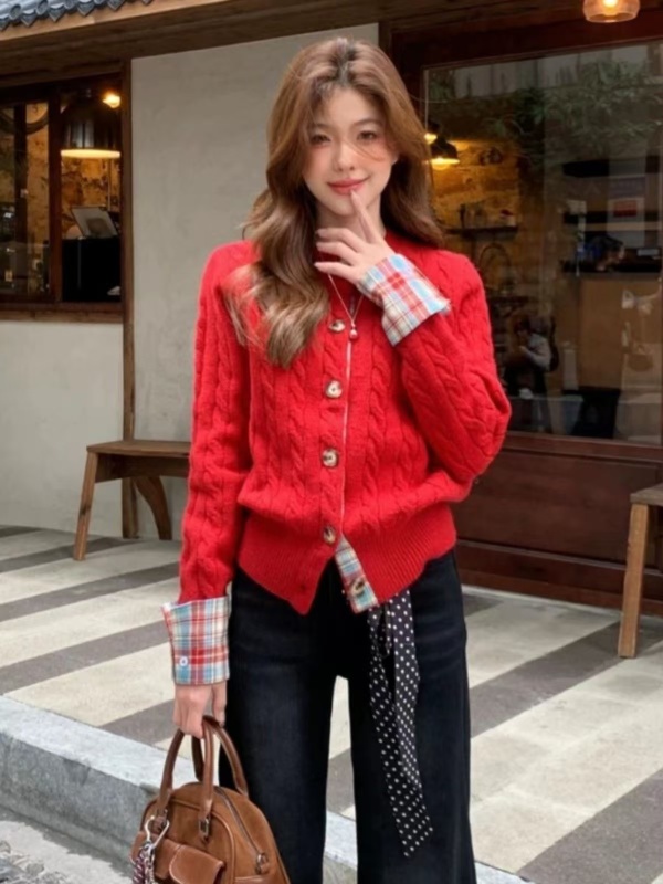College style splicing long-sleeved twist knitted cardigan for women winter new niche versatile thickened warm top