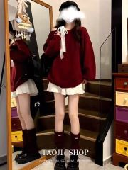 Korean style sweet bow red off-shoulder sweatshirt for women in autumn and winter, high-end, loose, slim and velvet long-sleeved top