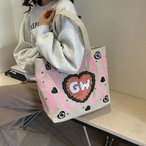 GentleWoman Plush Love Painted Letters Canvas Bag 2024 New Printed Casual Shoulder Bag
