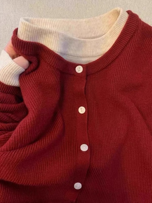 D871# official picture real price lazy style high-end red cardigan sweater for women autumn and winter new style style bottoming sweater