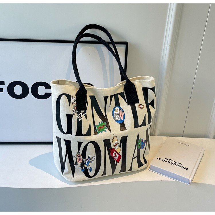 Letter canvas bag women's large capacity 2024 new casual handbag student class shoulder bag tote bag