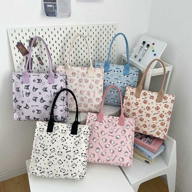Cartoon Cute Canvas Shoulder Bag Women's Panda Print Commuting Handbag Large Capacity Student School Bag Tote Bag