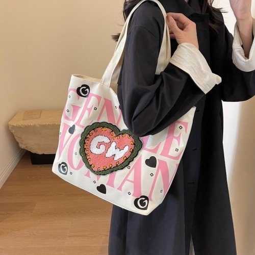 GentleWoman Plush Love Painted Letters Canvas Bag 2024 New Printed Casual Shoulder Bag