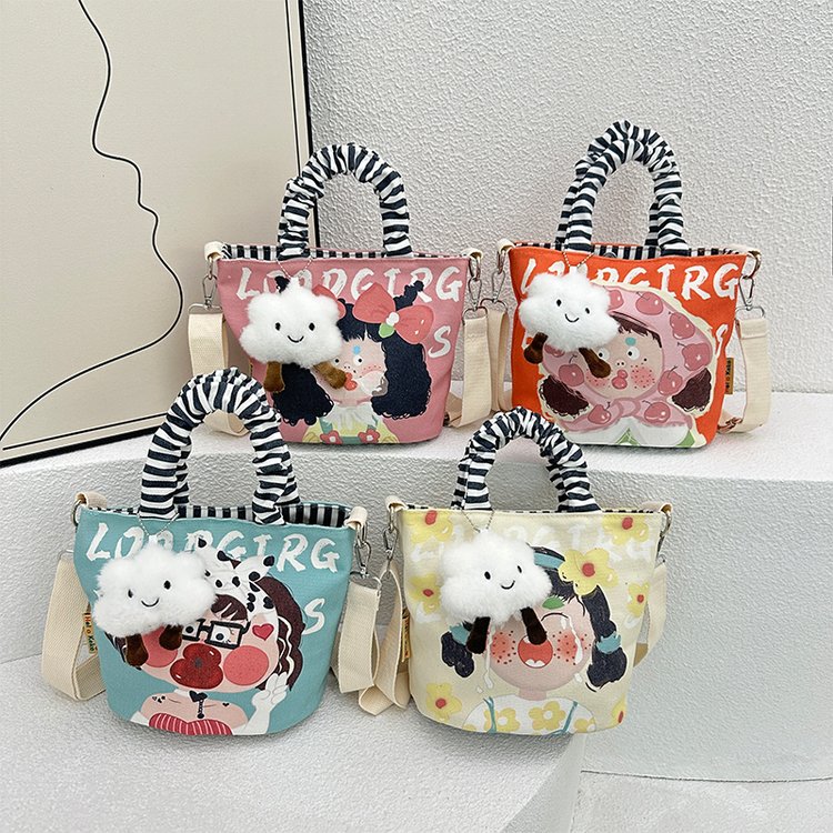 Cute illustration bucket bag for women 2024 new style funny ugly canvas cartoon portable shoulder crossbody bag trendy