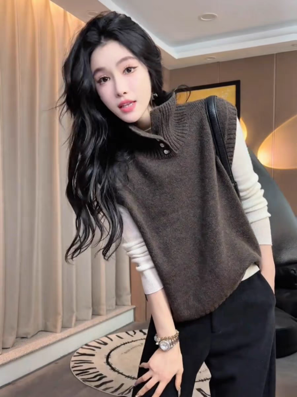French half-open turtleneck sweater vest for women early autumn and winter layered warm inner vest wool top