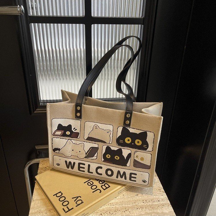 Women's Bags 2024 New Fashion Large Capacity Cartoon Print Tote Bag Trendy Student Shoulder Bag Canvas Shopping Bag