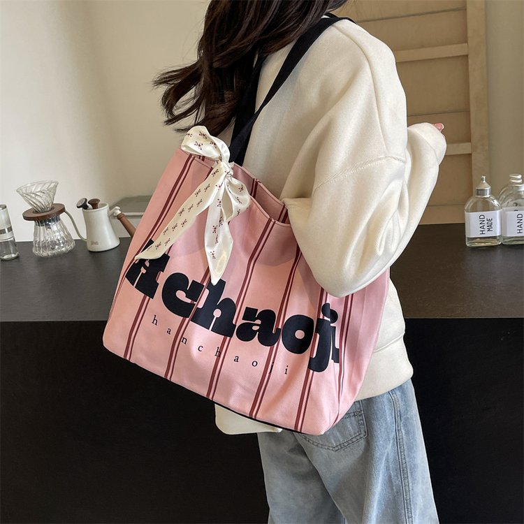 Contrast color girly style canvas bag, fashionable letter stripe shoulder bag, commuting large capacity portable tote bag for women