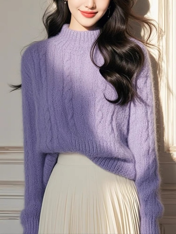 Fashionable and mature temperament purple round neck long-sleeved sweater and sweater for women in autumn and winter, chic and super good-looking pullover