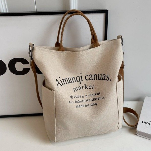 Original canvas bag for women large capacity zipper letter casual simple tote bag hand-held crossbody versatile commuter bag