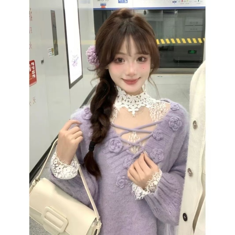 Korean style lazy style printed one-shoulder knitted sweater for women in autumn and winter, loose and slim pullover sweater