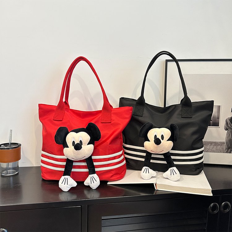 Cartoon large-capacity shoulder bag canvas striped doll college student tote bag for work and commuting versatile casual cloth bag