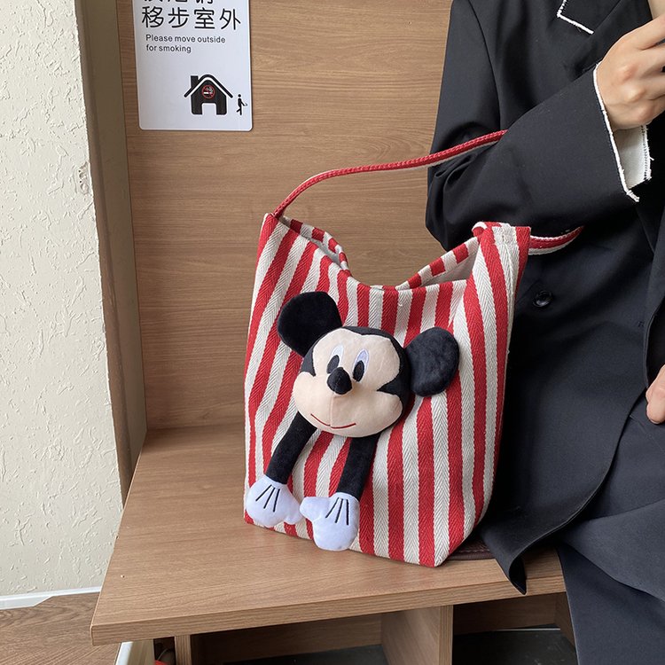 Japanese cartoon cute armpit bag women's striped canvas shoulder bucket bag large capacity class commuting tote bag