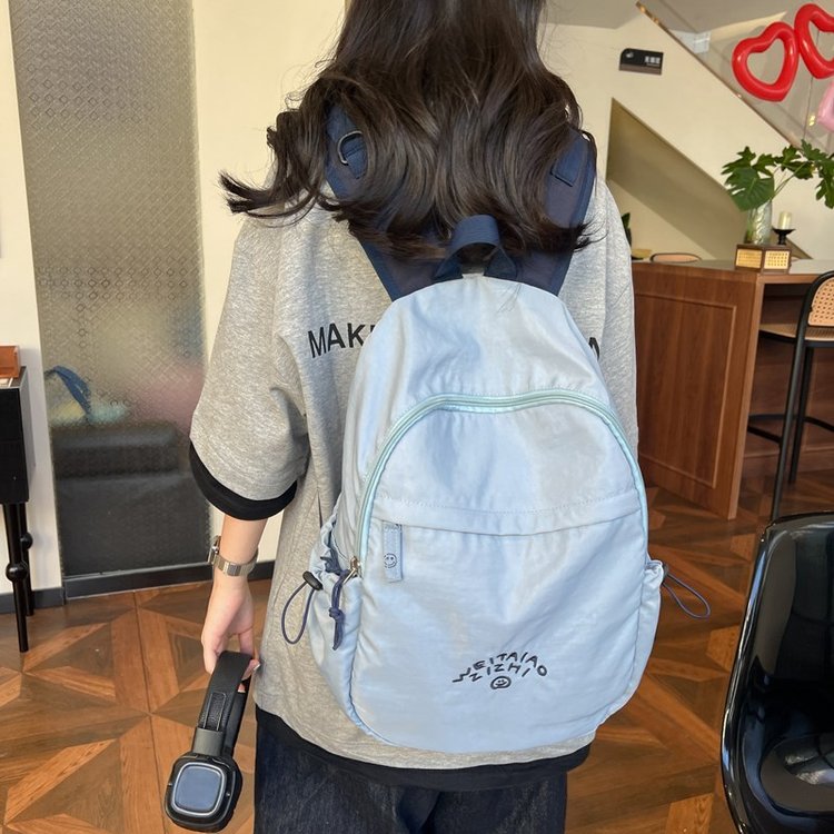 Embroidered Smiley Face Haze Blue Backpack Korean Style Female Large Capacity Student School Bag Outdoor Travel Lightweight Mountaineering Backpack