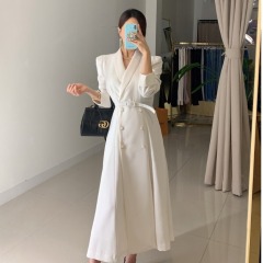 Autumn elegant suit collar double-breasted straps slimming waist solid color long coat windbreaker style women's dress