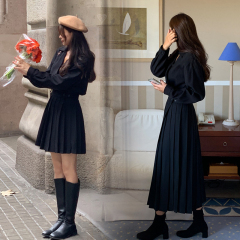 Pleated waist slimming lapel dress skirt