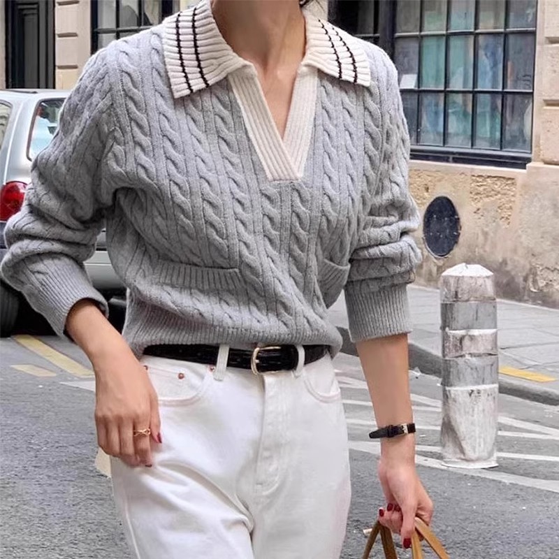 Korean chic autumn niche temperament contrasting color splicing POLO collar hemp pattern loose and versatile long-sleeved knitted sweater