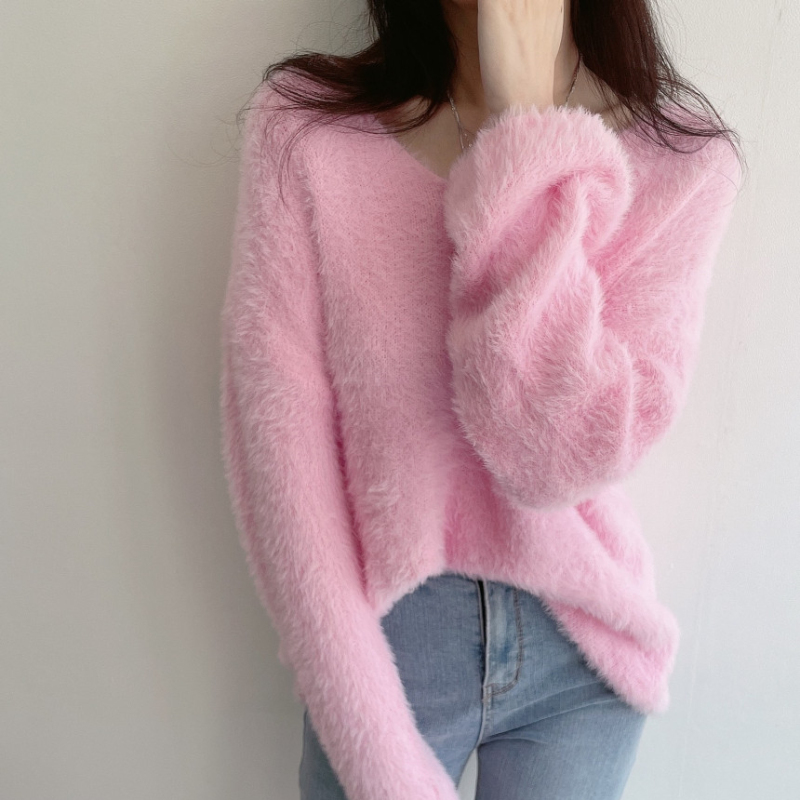 Autumn and winter European and American knitwear sweaters for women imitation mink velvet tops Korean loose temperament college style thickened lazy style