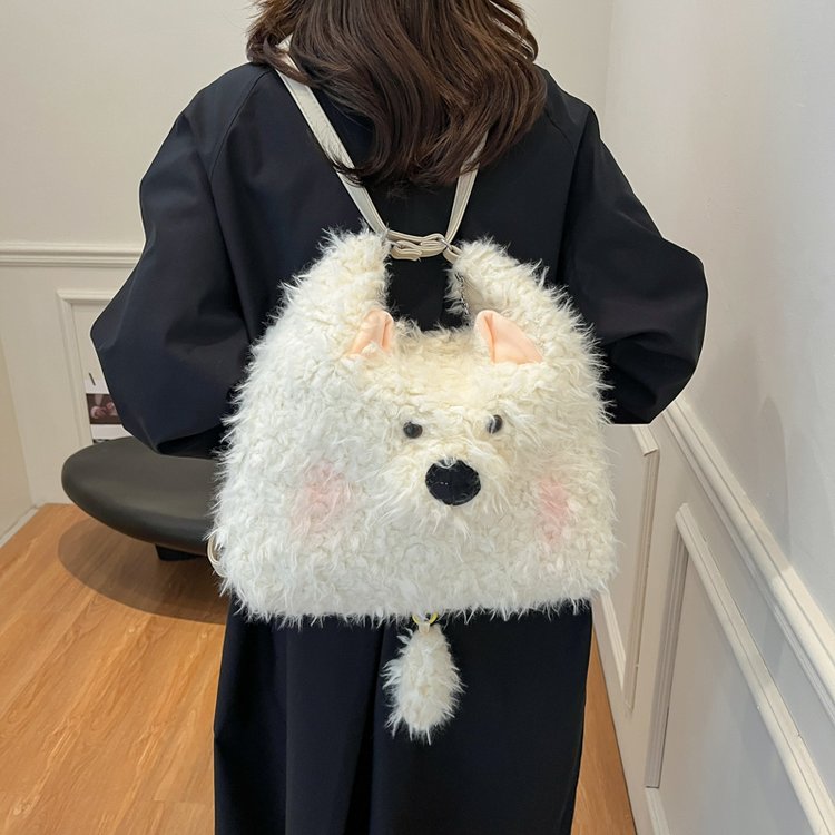 West Highland Lamb Plush Puppy Backpack Tote Bag for Women Large Capacity New Autumn and Winter Cute Crossbody Furry Bag