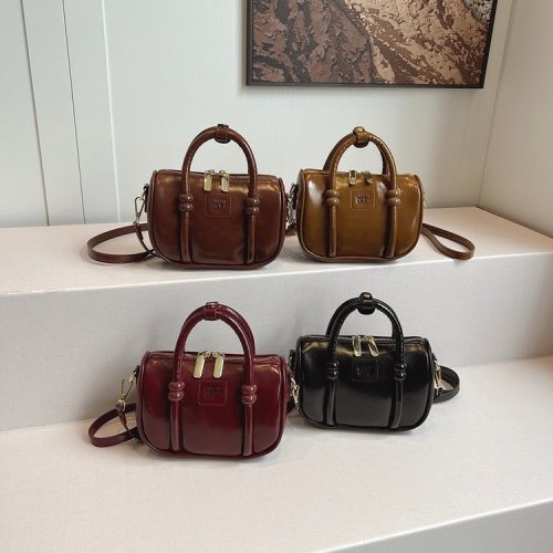 Trendy wax leather retro small bag for women new trendy winter all-match crossbody bag portable bowling bag