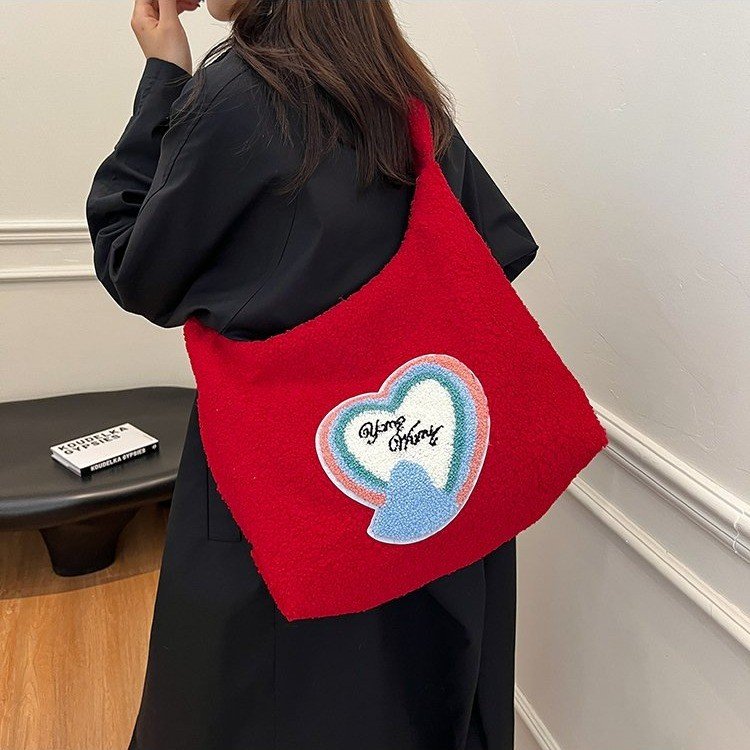 Autumn and winter large-capacity embroidered plush bag for women, lazy style, new fashion crossbody bag, tote bag