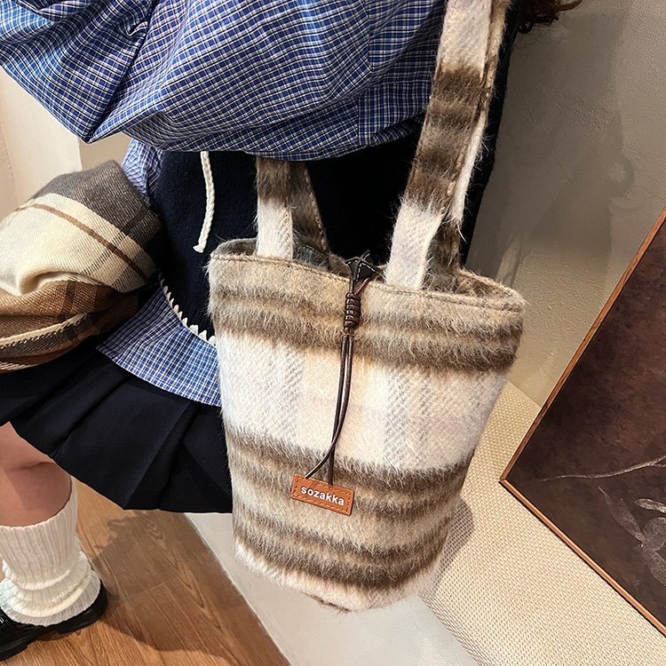 Woolen Plaid Shoulder Bucket Bag Women's Korean Style College Style Tote Bag Casual Large Capacity Bag
