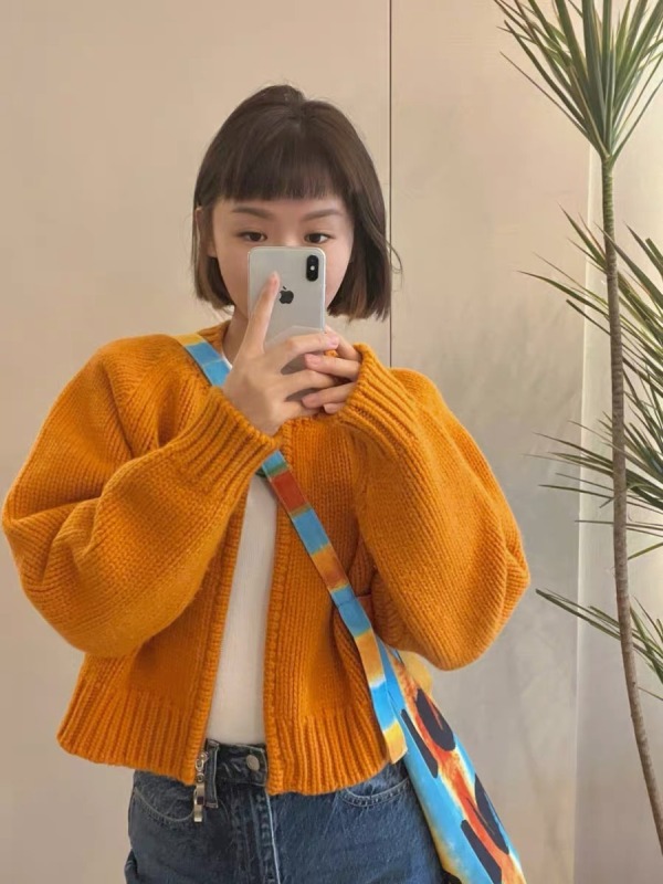 Short zipper knitted cardigan for women autumn and winter wool lazy style soft waxy sweater jacket top