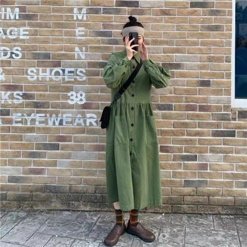 Tea break French retro polo collar shirt long skirt women's scheming design niche long loose shirt dress