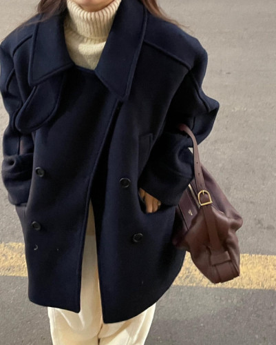 chic korean style double breasted cotton woolen jacket