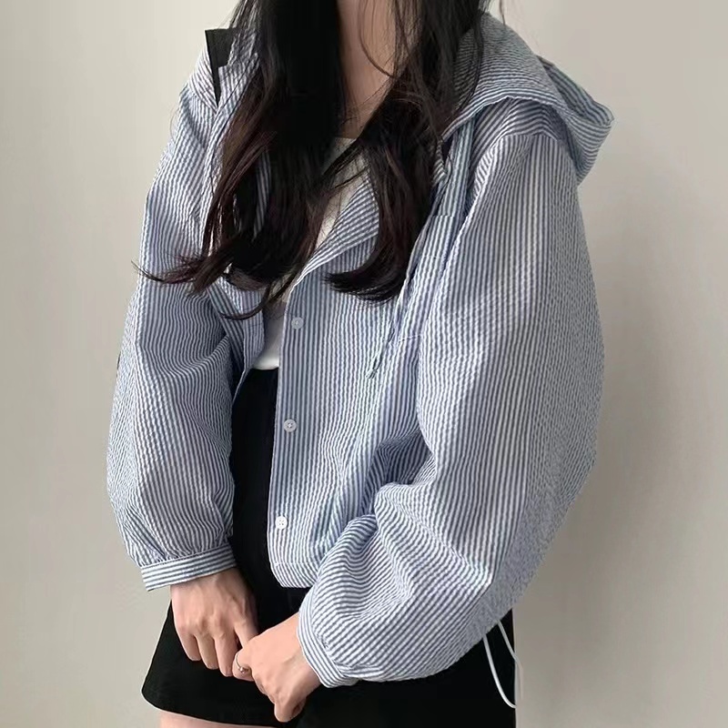 Korean chic early autumn fashion temperament vertical stripes contrasting color hooded buttoned loose casual versatile short coat for women