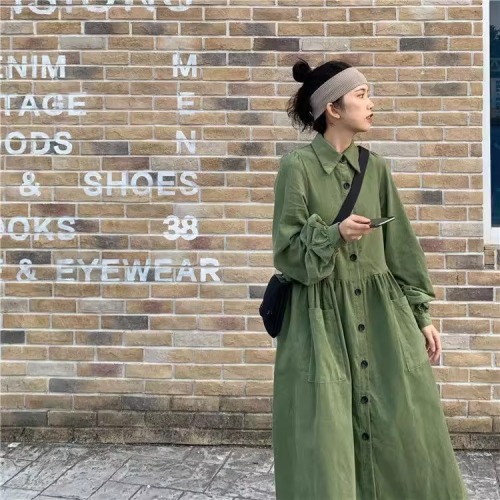 Tea break French retro polo collar shirt long skirt women's scheming design niche long loose shirt dress