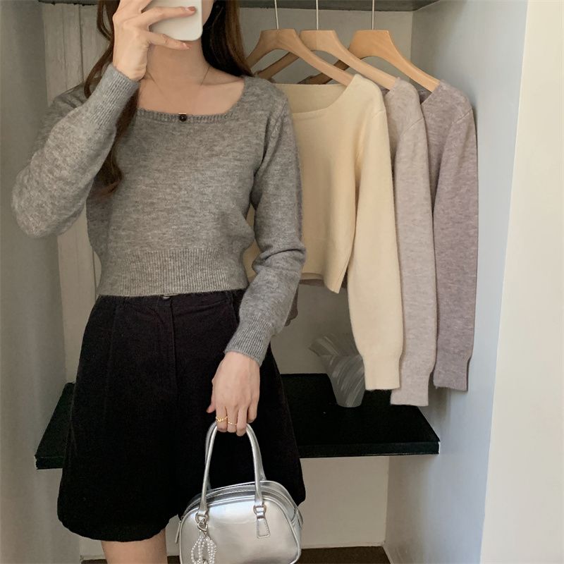 Korean style simple short style, wear inside and outside, thickened and versatile, slimming bottoming shirt, pullover square collar top