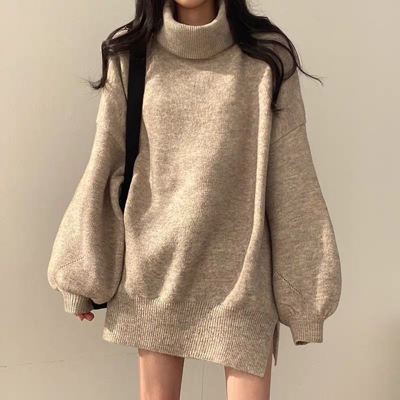High collar pullover, loose mid-length knitted sweater, versatile