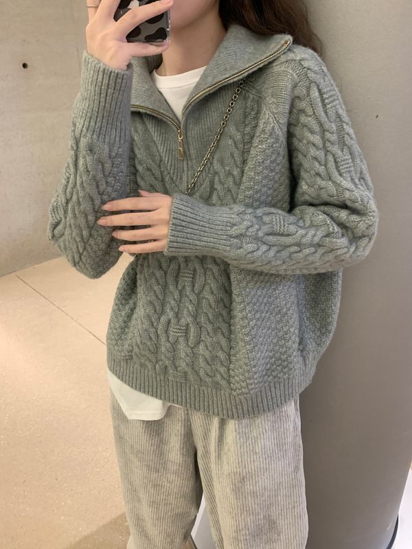 Retro twist pattern soft and lazy loose zipper turtleneck pullover sweater for outer wear thickening white casual
