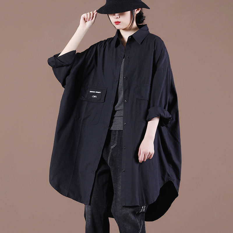 Plus size women's spring new shirt Korean style loose literary letter patch double pocket mid-length shirt