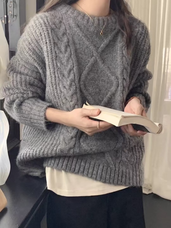 Korean style lazy style thickened inner round neck twist sweater for women autumn and winter new style super good-looking loose and versatile sweater