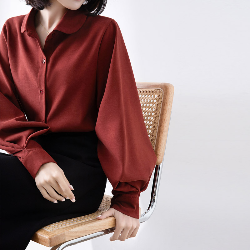 Anchor red shirt women's new autumn and winter Korean style loose and slim doll collar lantern sleeve brushed top
