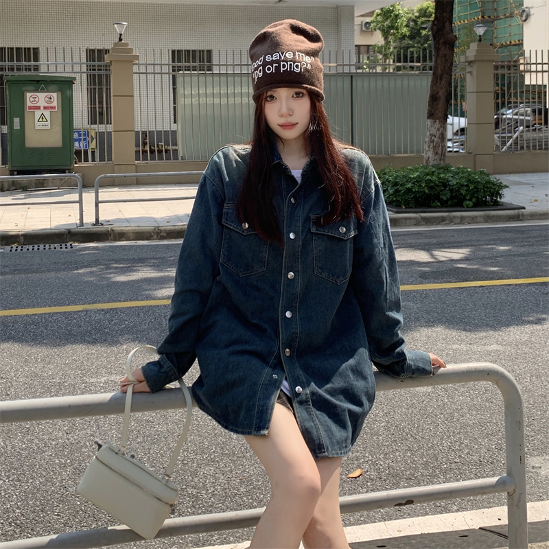 Autumn new style Hong Kong style retro shirt denim jacket large size loose lazy style top