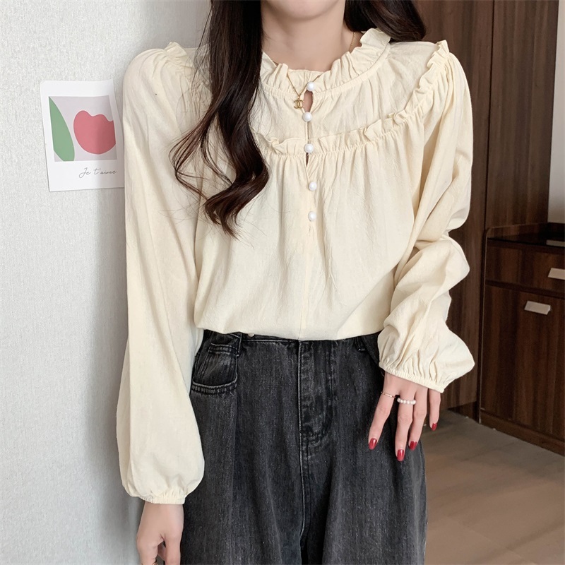 Fat mm plus size French retro design niche long-sleeved fungus shirt women's sweet lotus leaf collar top