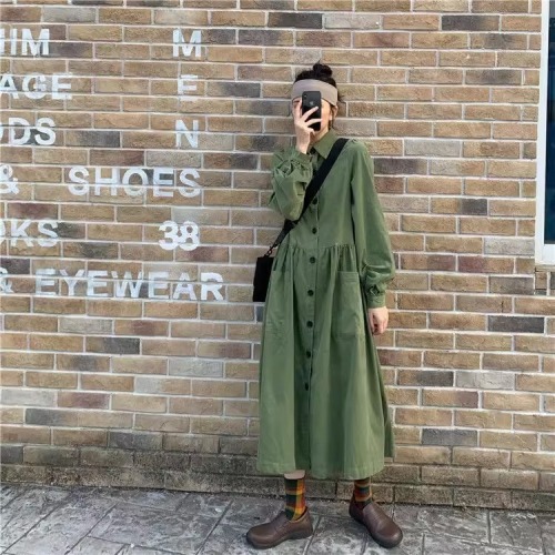 Tea break French retro polo collar shirt long skirt women's scheming design niche long loose shirt dress