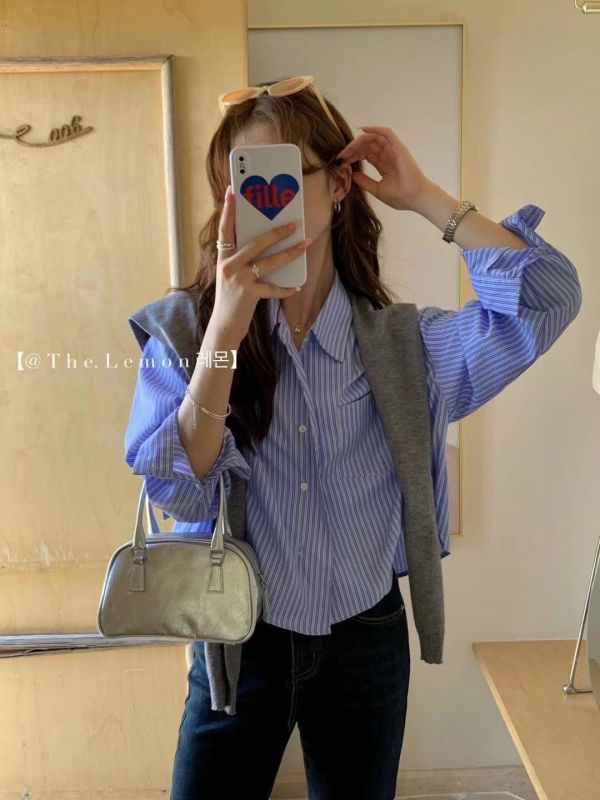 Lemon green tea short vertical striped shirt for women with shawl loose Korean style shirt two piece set for women