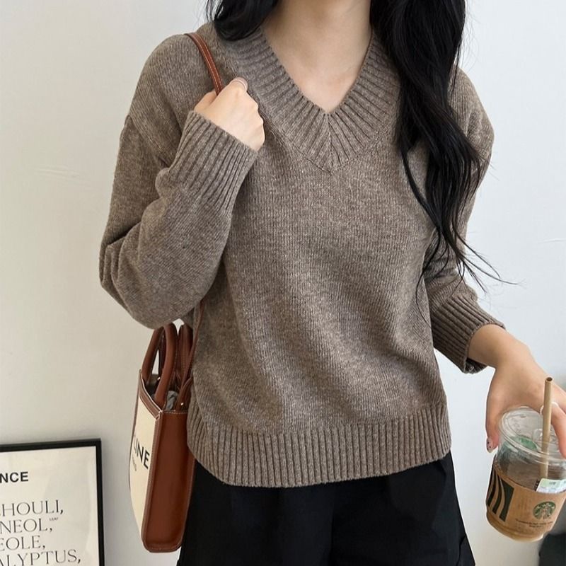 Plus size women's autumn and winter Korean style lazy sweater v-neck solid color versatile thick knitted top