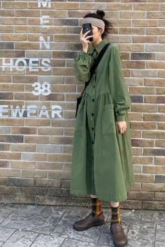 Tea break French retro polo collar shirt long skirt women's scheming design niche long loose shirt dress
